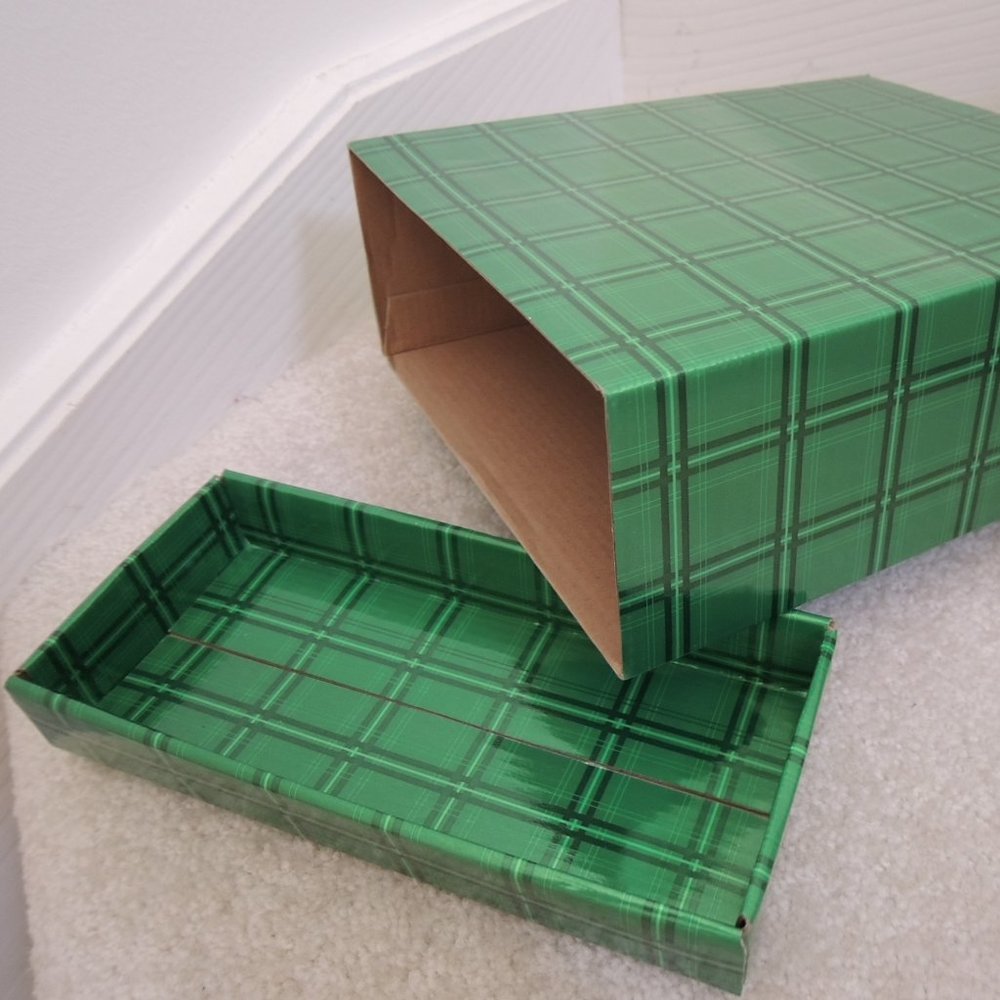 Gift Box Holds Surprises Treats Presents Etc - Shiny Green Plaid Container + Lid